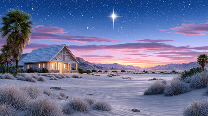 Obraz premium Desert landscape featuring a humble stable under a starlit night sky, with the star of bethlehem illuminating the scene, symbolizing the birth of jesus and christmas