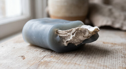 Fototapeta premium Textured organic shell embedded inside soft silicone mold on rustic wooden workbench. Concept of casting mold, oyster shell, craft workshop, handmade process, mold making, resin casting.