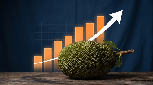 Large jackfruit with upward pointing arrow and rising bar chart illustrating market price hike and agricultural production growth