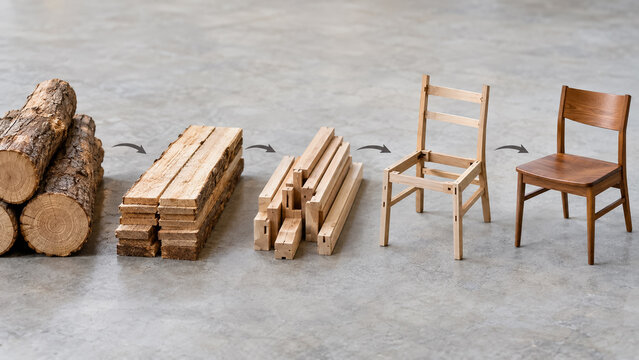 Woodworking Process From Raw Logs To Finished Wooden Chair In Factory. Concept of carpentry, wood chair, manufacturing, timber. Copy space.