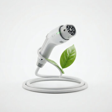 Modern green eco friendly electric vehicle charging station concept 3d illustration with clean white EV plug and vibrant green leaf isolated on seamless white background banner