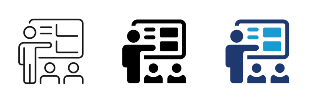 Business presentation icon set. Speaker presenting at board to audience symbol. Flat and Line style collection.