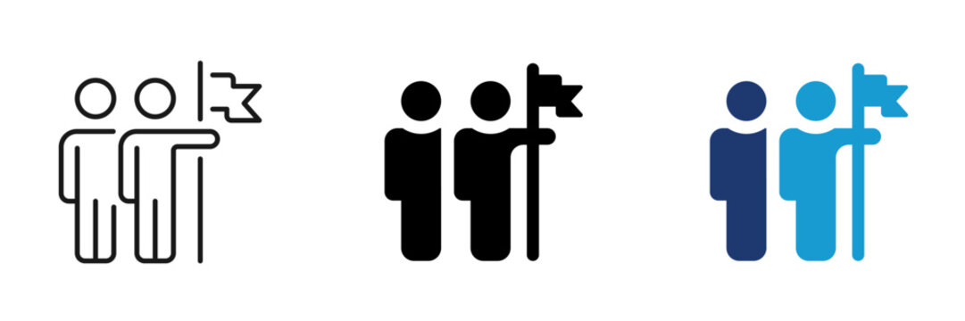 Team leadership icon set. Two people holding flag, goal achievement symbol. Flat and Line style collection.