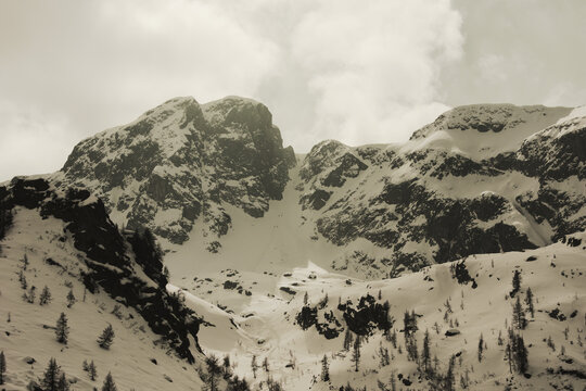 View of Monte Cabianca and the icy Canalino Nord (North couloir), a well-known mountaineering route for reaching the summit during the winter season.