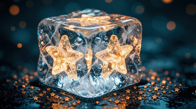 Glowing star shapes frozen inside large ice cube. Magical crystal cube with warm orange light sparkles in dark blue night atmosphere. Abstract winter background with shimmering gold stars, cold water