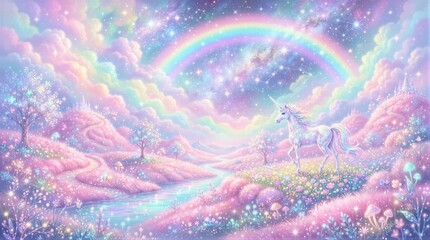 Obraz premium Soft pastel hills glow beneath a glowing rainbow. White unicorn stands still, serene and majestic. Starry clouds drift above, swirling with magic. Colorful flowers bloom along a winding riverbank
