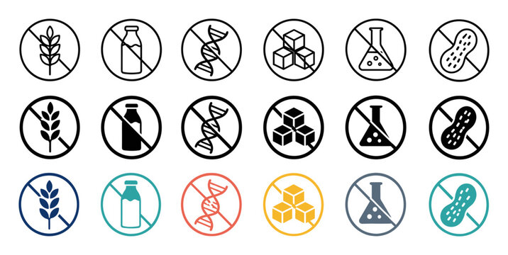Food allergy and dietary restriction icon set showing gluten free lactose free non GMO sugar free chemical free and nut free symbols for packaging design