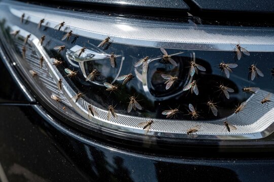 Dead insects cover car headlight after long drive. Many broken flies, midges stuck on black vehicle lamp. Macro view shows many bugs smashed on glass during summer travel. Dirty front part of