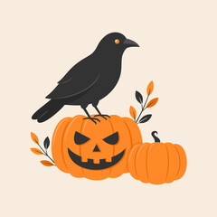 Obraz premium Black crow sitting on a pumpkin, Halloween vector illustration in flat style