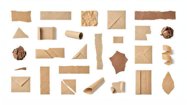 Assorted brown craft paper shapes including torn edges, folded squares, rolls, and envelopes isolated on a white background, for projects