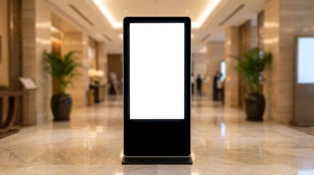Blank vertical digital signage display kiosk standing in a luxury hotel lobby interior