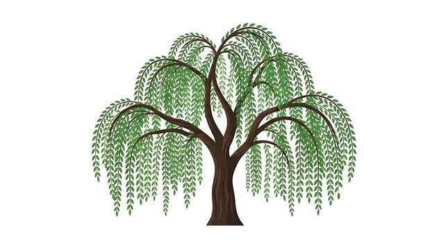 Modern Flat vector illustration of a large willow tree with long curved branches and hanging green foliage.