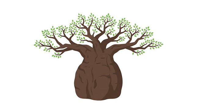 Modern Flat vector illustration of a baobab tree with a massive thick trunk, wide branches and sparse green foliage.