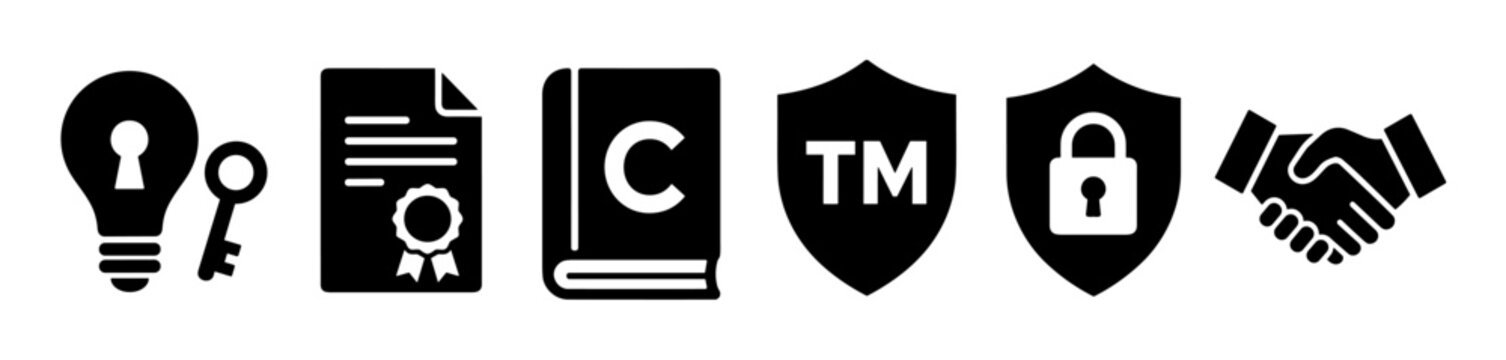 Intellectual property and copyright silhouette icons set featuring patent certificate, trademark shield, trade secret protection, and business contract agreement symbols