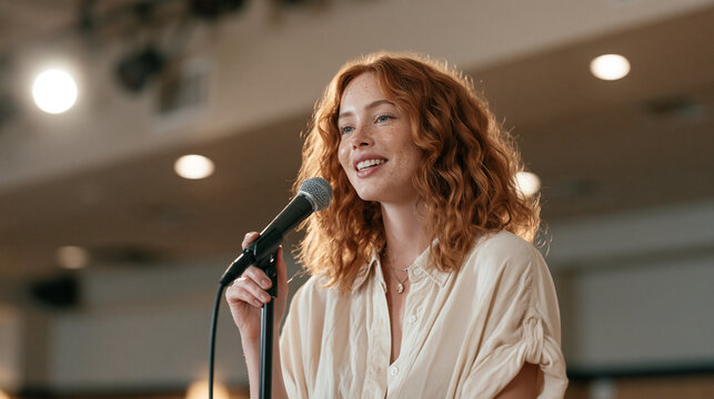 A redhead girl with freckles rehearses microphone technique alone in an empty comedy club, adjusting the stand height and testing reverb in the cavernous room hours before an open