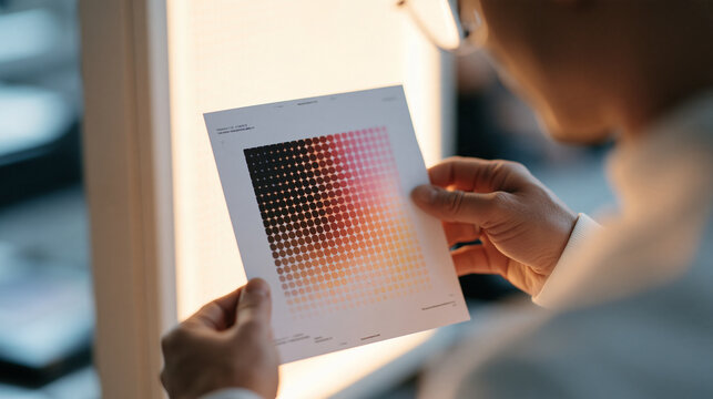 Extreme close up of halftone dot patterns on a freshly printed CMYK test sheet held against a backlit panel, prepress technician checking dot gain and registration marks, offset