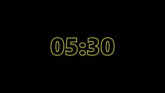 6 Minute Neon Countdown Timer 4K Loop | Six Minute Digital Clock Overlay on Transparent Alpha Channel Background