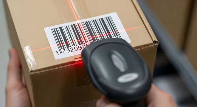 Person scanning a barcode on a cardboard box with a scanner  
