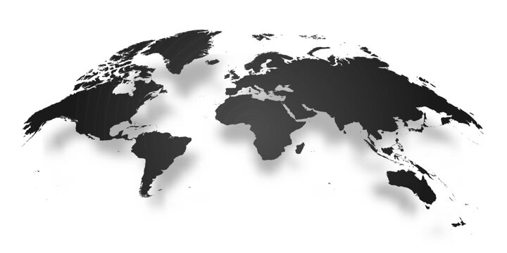 A convex map displays the entire world with continents and oceans arranged in a 3D perspective. This representation allows viewers to see landmasses in a unique way.