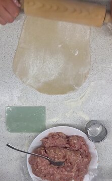 Close-up of the step-by-step process of making homemade dumplings: kneading the dough, rolling it out, shaping the ravioli (dumplings), and cooking delicious pasta in a bright modern kitchen.