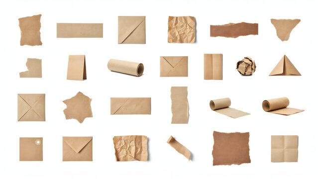 Set of brown craft paper featuring torn scraps, folded sheets, rolls, and envelopes isolated on a plain white background