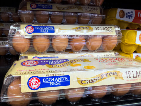 Frisco, Texas, USA - September 14th, 2026: Eggland's Best cage free large brown eggs displayed on store shelf in retail area