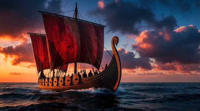 Viking ship with red sails moves through ocean waves at sunset. Ancient wooden longship sails on stormy sea under dramatic cloudy sky. Nordic vessel with dragon head prow travels through deep blue