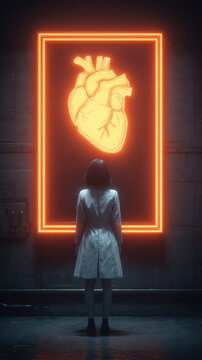 A Moment of Reflection: A lone figure stands before a glowing, oversized anatomical heart displayed within a neon frame, creating a surreal and thought-provoking atmosphere.