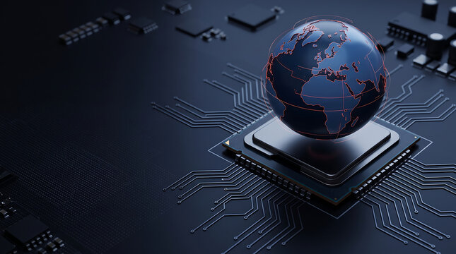 Planet Earth globe mounted on computer microchip with circuit board connections, global technology, data processing, AI computing and digital network concept.