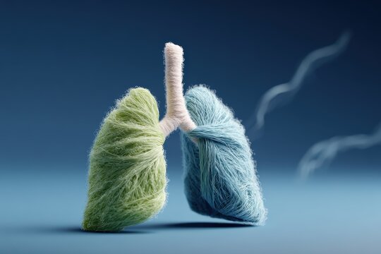 Fuzzy Lungs: A symbolic representation of lungs, one in vibrant green and the other in calming blue, against a serene blue backdrop, with wisps of smoke-like strands drifting away.