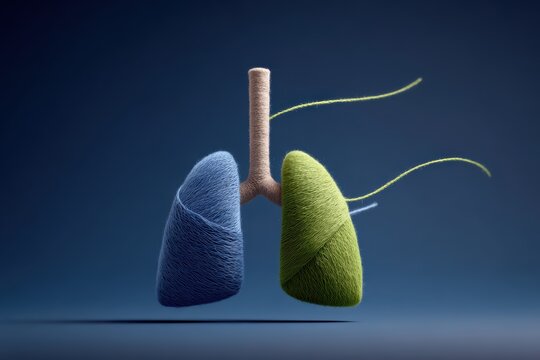 A stylized representation of healthy lungs, with one lobe depicted in blue and the other in vibrant green, symbolizing respiration and vitality against a deep blue backdrop.