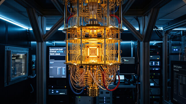Glowing golden quantum computer processor cryostat chamber in a high tech lab with blue neon lighting, advanced technology and science stock photography.