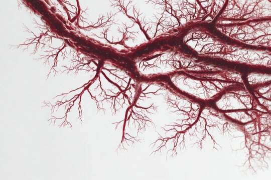 Blood Vessel Network: A close-up, highly detailed macro view of a complex network of red blood vessels, resembling branching arteries and capillaries against a light background.