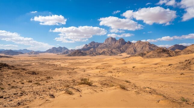 Vast desert stretches under bright blue sky. Clouds drift lazily above rugged, rocky mountain peaks. Sand dunes ripple across golden, sun-baked earth
