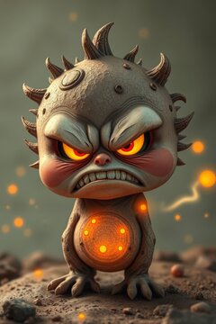 Small Grumpy Monster Figurine with Glowing Orange Eyes and Belly