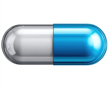 Blue and White Capsule: A close-up shot of a single blue and white pharmaceutical capsule, symbolizing medication, treatment, and health.