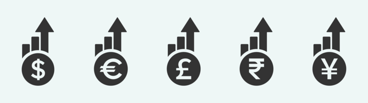 Cost increase icons set. Euro, Dollars, Pound, Yen and Rupee price increase icon. Value of money increase concepts [Converted]