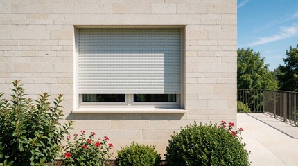 Fototapeta premium Modern house exterior with white rolling shutter on beige brick wall. Green garden plants with red flowers grow near building facade. Bright sunny day with blue sky, terrace balcony with metal