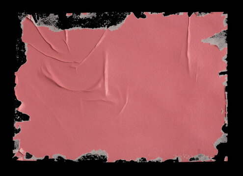 Beige pink Crumble wrinkled paper pieces patch collage label frame on black Art Poster wall. Abstract grunge dirty texture torn, rip background.