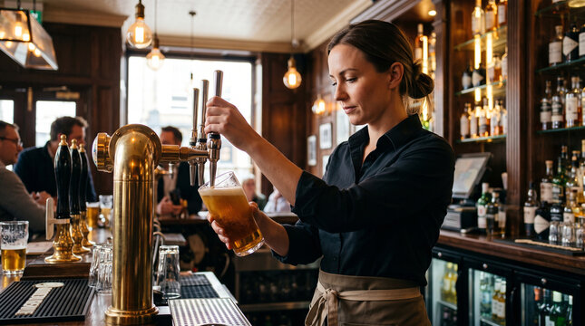 Focused female bartender pouring a cold craft beer from a gleaming brass tap in a high-end gastropub. Rich foam, luxurious wooden interior, soft bokeh.