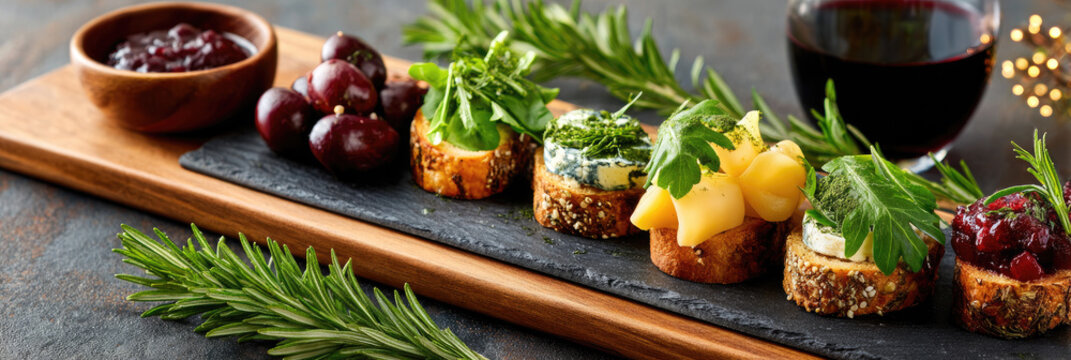 Assorted festive canap&eacute;s and crostini with various cheeses, cranberry sauce, fresh herbs, and grapes are presented on a slate board with rosemary, preparing for a holiday celebration