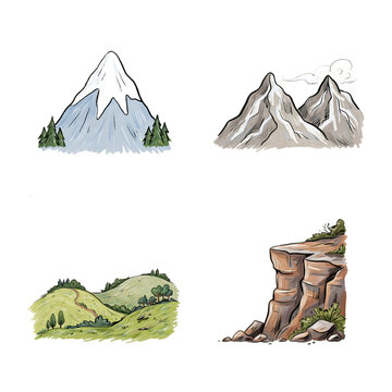 Illustrated mountain and natural landscape scenery with different terrain types transparent background