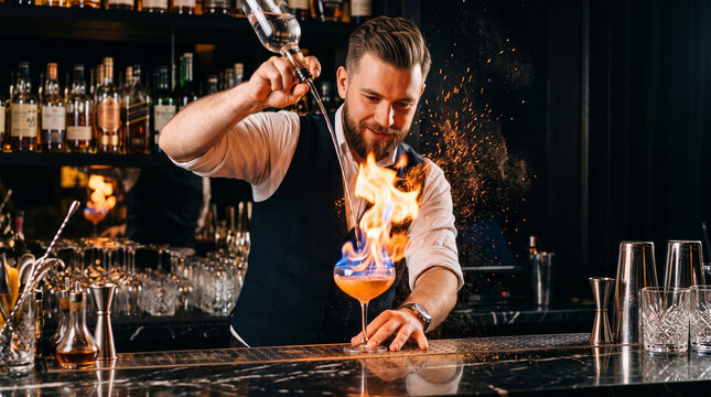 Charismatic male bartender performing a cocktail show, setting a flaming drink on a sleek marble bar in a luxury lounge pub. Dramatic flames, dynamic motion, cinematic.