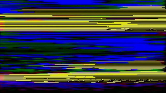 Trippy video glitch art loop, vivid blue and yellow feedback scanlines rolling upwards, genuine analog video noise, seamless VJ loop.