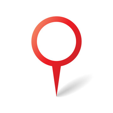 A red map pointer with a drop shadow is displayed. This graphic can be used for location marking or navigation purposes in various digital maps and applications.