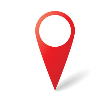 A red map pointer with a dropped shadow. It has a round opening at the top and is designed in a simple vector style. It can be used for location marking.