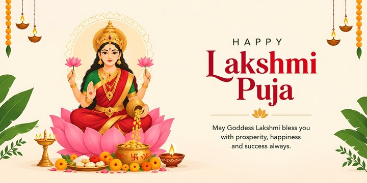 Goddess lakshmi sitting on lotus for lakshmi puja festival