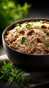 Bahamian peas and rice in a black ceramic bowl: fluffy white rice with savory brown pigeon peas and bright parsley garnish, a comforting caribbean staple, wholesome and homemade