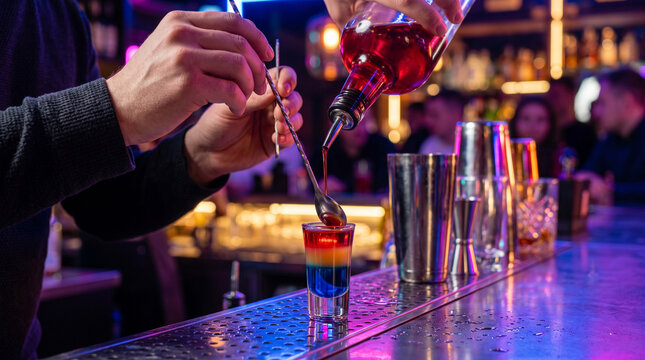 Precise bartender pouring colorful liqueurs with a bar spoon to create a layered shooter on a glowing modern bar counter in an elite pub. Vibrant neon, macro.
