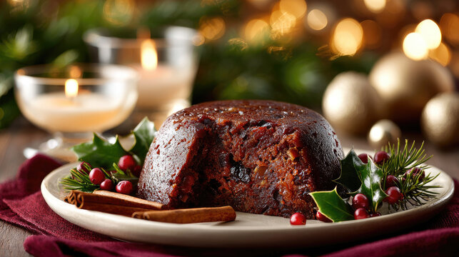 Festive table with rich jamaican christmas pudding, sliced fruitcake, fruit salad and drinks, warm candlelight and holly creating a cozy traditional holiday scene